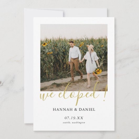 Faire-part Gold Script Custom We Eloped Card avec photo (Devant)
