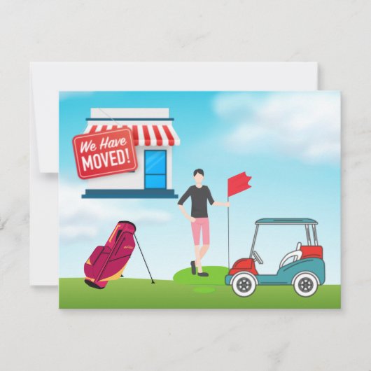 Faire-part Golfer nous avons déménagé avec une voiturette de  (Devant)