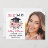 Faire-part Grad Casquette et fleurs roses 3 Photo Elle l'a fa (Devant)