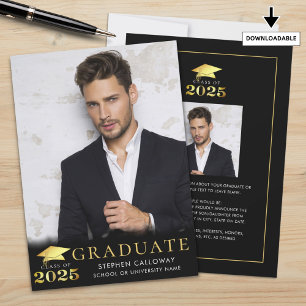 Faire-part Graduate 2025 Black Faux Metallic Gold 2 Photos