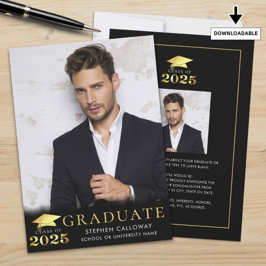 Faire-part Graduate 2025 Black Faux Metallic Gold 2 Photos