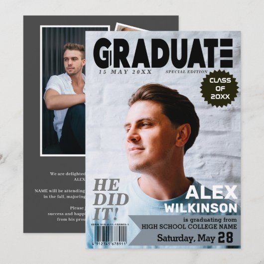 Faire-part GRADUATE Magazine Couverture Style Chic 5 Photo Co (Devant / Derrière)