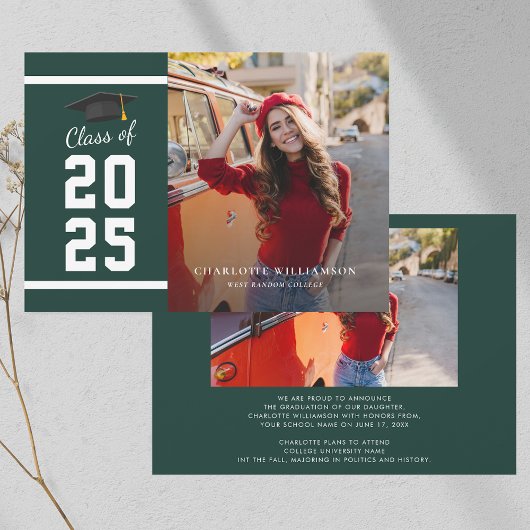 Faire-part Graduation 2025 Grad photo vert et blanc