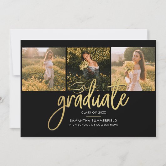 Faire-part Graduation 2025 Photo Collage Script Black Gold (Devant)