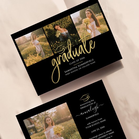 Faire-part Graduation 2025 Photo Collage Script Black Gold