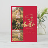 Faire-part Graduation 2025 Red Gold Graduate photo Collage (Debout devant)