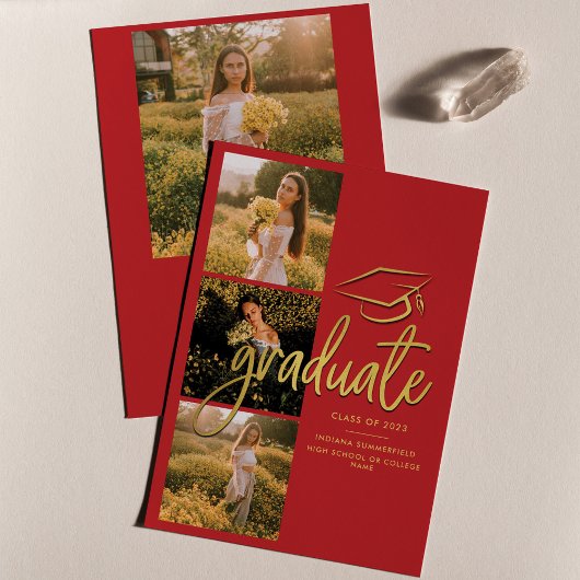 Faire-part Graduation 2025 Red Gold Graduate photo Collage