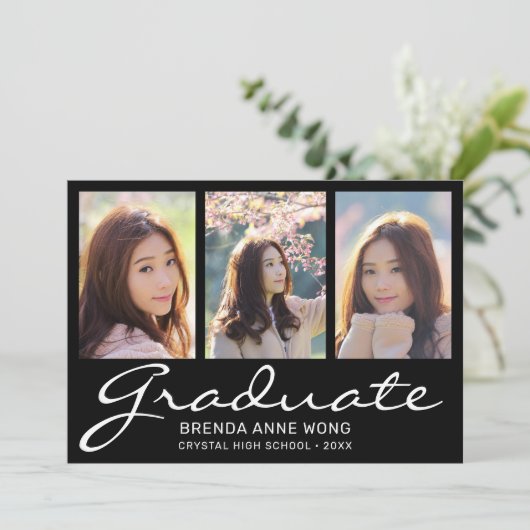 Faire-part Graduation 3 Photo Collage blanc Script noir (Debout devant)