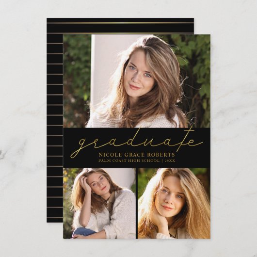 Faire-part Graduation 3-Photo Collage d'or moderne Script (Devant / Derrière)