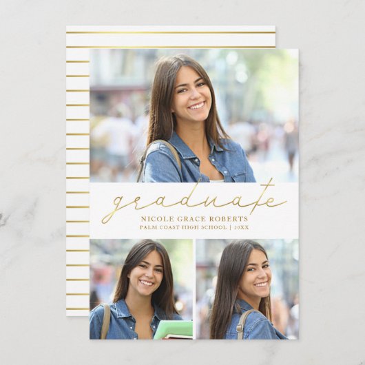 Faire-part Graduation 3-Photo Collage Easy Edit Gold Script (Devant / Derrière)