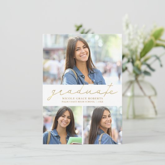 Faire-part Graduation 3-Photo Collage Easy Edit Gold Script (Debout devant)