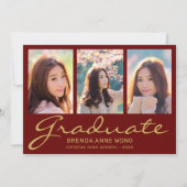 Faire-part Graduation 3 Photo Collage Gold Script Maroon 2025 (Devant)