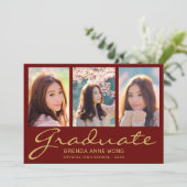 Faire-part Graduation 3 Photo Collage Gold Script Maroon 2025 (Debout devant)