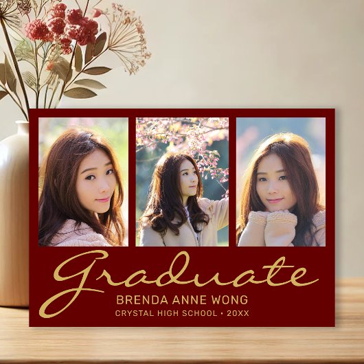 Faire-part Graduation 3 Photo Collage Gold Script Maroon 2025