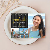 Faire-part Graduation 3 photo collage noir écriture or chic