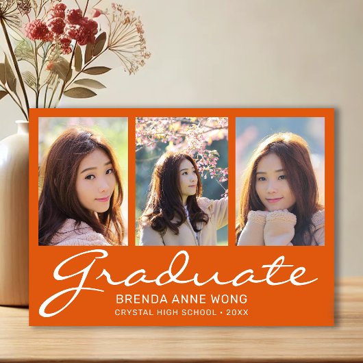 Faire-part Graduation 3 Photo Collage White Script Orange