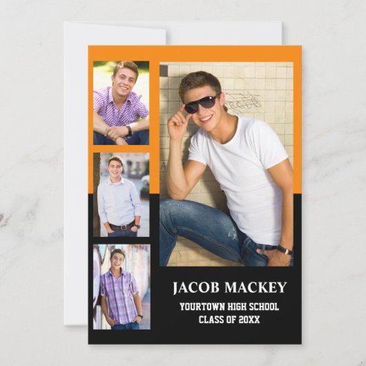 Faire-part Graduation 4 Photo Collage orange noir (Devant)