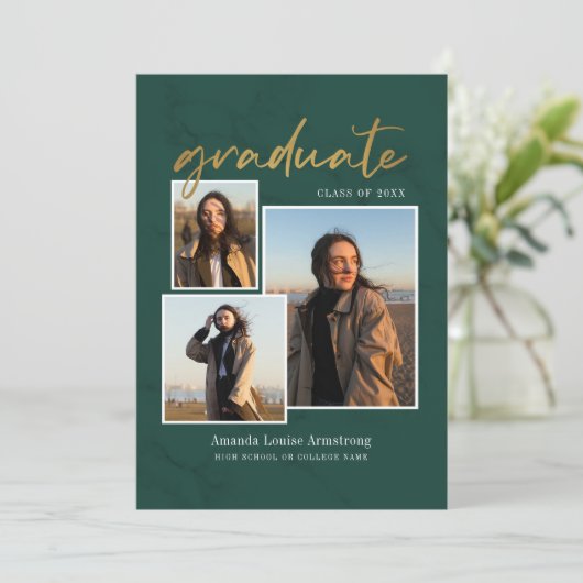 Faire-part Graduation 4 Photo Collage Script Green Grad 2025 (Debout devant)