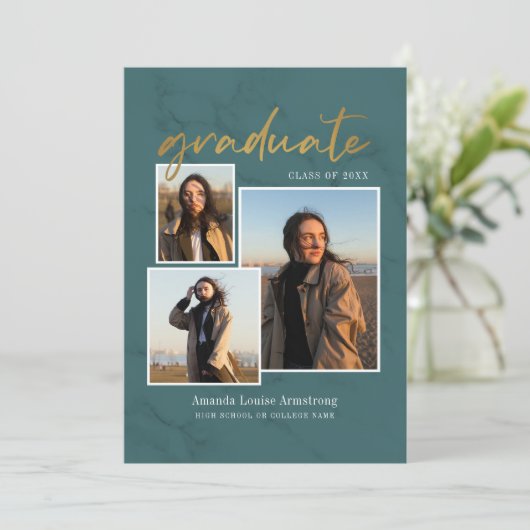 Faire-part Graduation 4 Photo Collage Script Marbre vert (Debout devant)