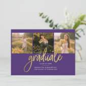 Faire-part Graduation 4 Photo Collage Script Purple Gold Grad (Debout devant)