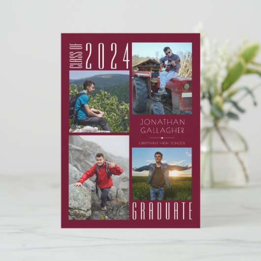 Faire-part Graduation 4 Photo Maroon et blanc (Debout devant)