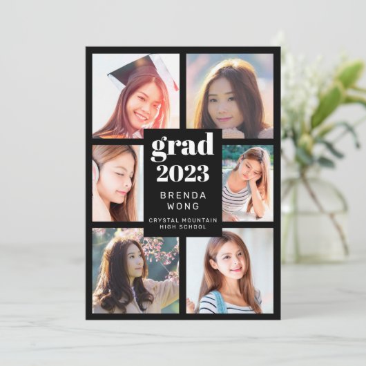 Faire-part Graduation 6 Photo Collage blanc Script noir (Debout devant)