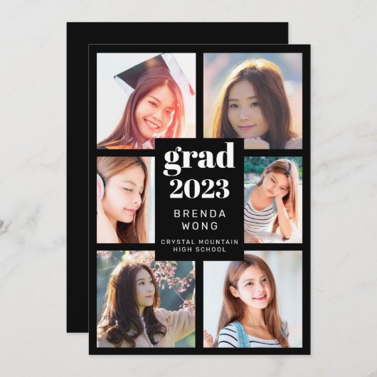 Faire-part Graduation 6 Photo Collage blanc Script noir (Devant / Derrière)