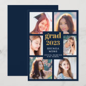 Faire-part Graduation 6 Photo Collage Or Blanc Script Bleu (Devant / Derrière)
