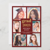 Faire-part Graduation 6 Photo Collage Or Blanc Script Rouge (Devant)