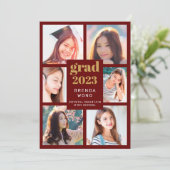 Faire-part Graduation 6 Photo Collage Or Blanc Script Rouge (Debout devant)