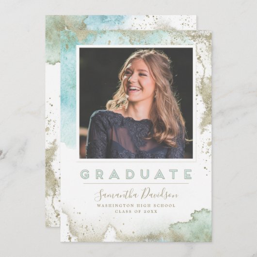 Faire-part Graduation Abstraite Turquoise et or d'art moderne (Devant / Derrière)