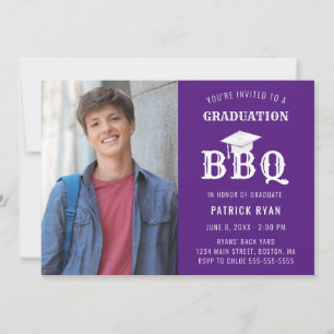 Faire-part Graduation BBQ Party Photo Purple White Grad Casqu