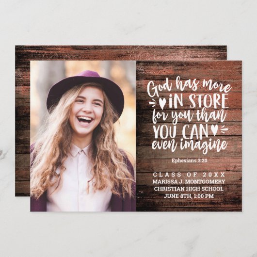 Faire-part Graduation Bible Verse Photo Bois rustique Script (Devant / Derrière)