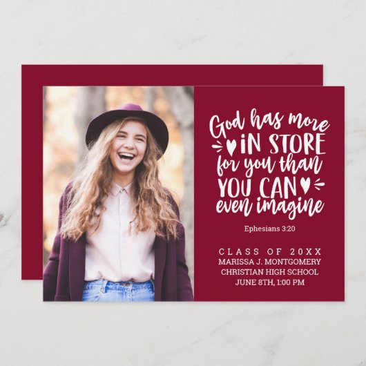 Faire-part Graduation Bible Verse Photo White Script Maroon (Devant / Derrière)