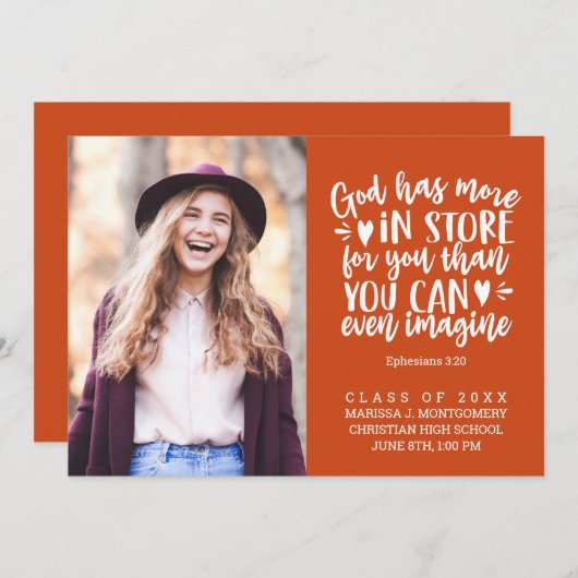 Faire-part Graduation Bible Verse Photo White Script Orange (Devant / Derrière)