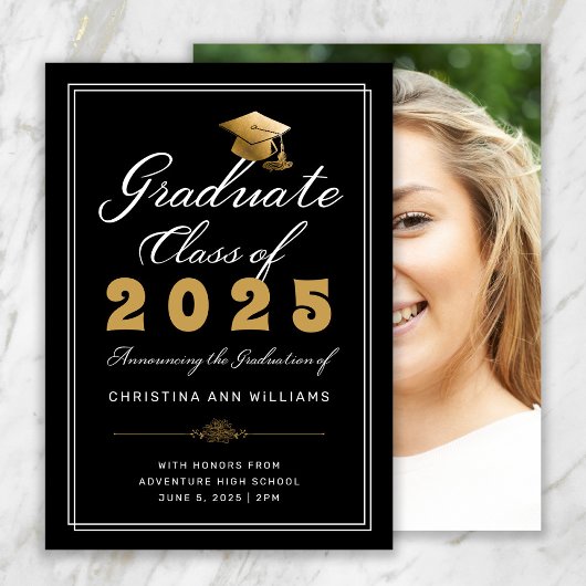 Faire-part Graduation Black Gold Script classe photo de 2025