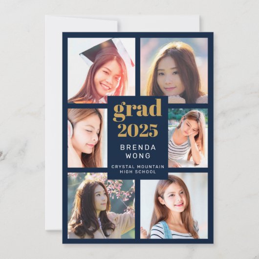 Faire-part Graduation Bleu 6 Photo Collage Or Blanc Script (Devant)