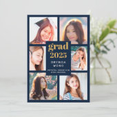Faire-part Graduation Bleu 6 Photo Collage Or Blanc Script (Debout devant)