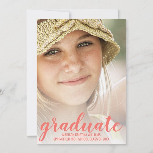 Faire-part Graduation Coral rose Script blanc superposition p (Devant)