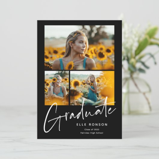 Faire-part Graduation du collage photo de script moderne (Debout devant)