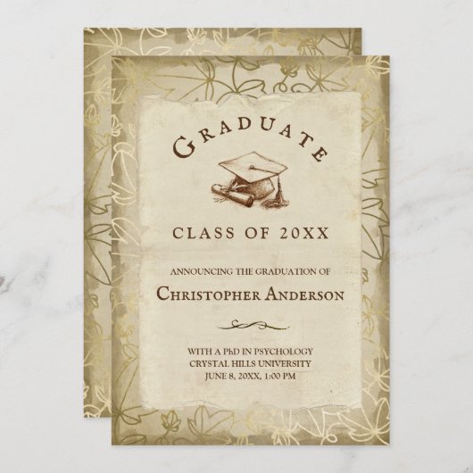 Faire-part Graduation Elegant Tan Ivy Feuilles 2023 Graduate (Devant / Derrière)
