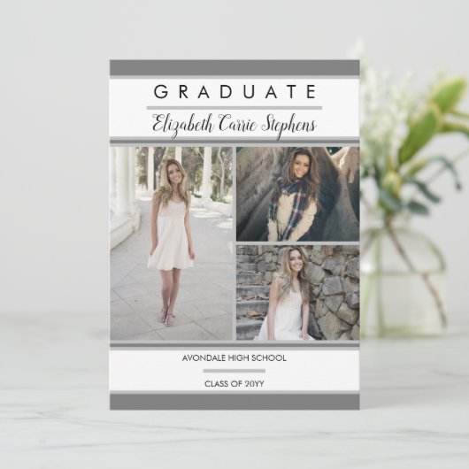 Faire-part Graduation en gris photo simple classe trois (Debout devant)