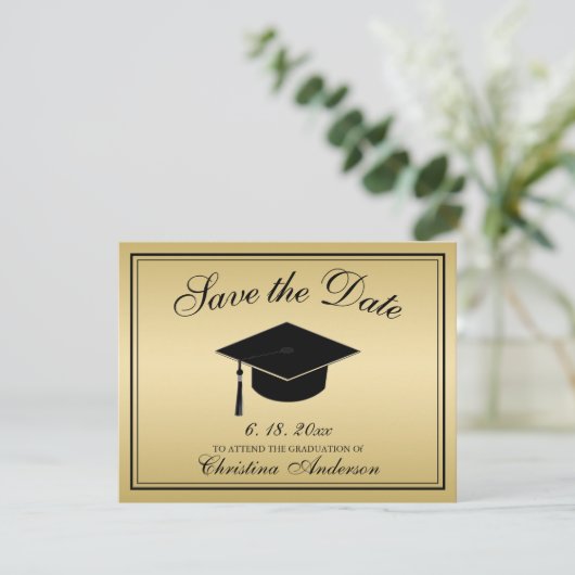 Faire-part Graduation Enregistrer la date Gold Black Script C (Debout devant)