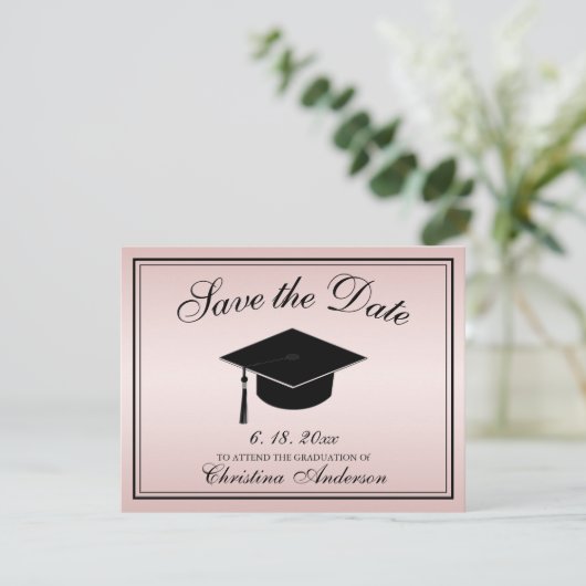 Faire-part Graduation Enregistrer la date Rose or Script Casq (Debout devant)