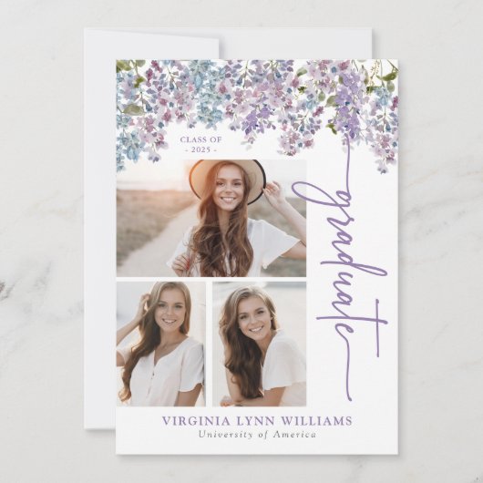 Faire-part Graduation florale pourpre (Devant)
