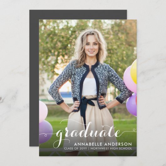 Faire-part Graduation Girly Chic Script (Devant / Derrière)