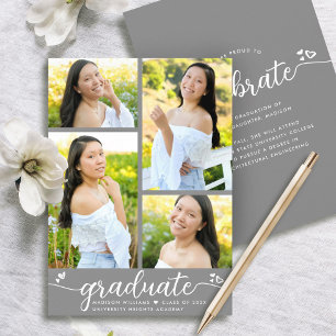 Faire-part Graduation Gris 4 Photo Moderne Calligraphie Coeur