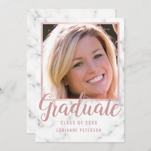 Faire-part Graduation Marbre Rose Gold Photo Pink Script (Devant / Derrière)