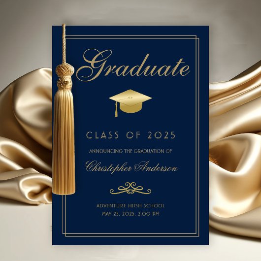 Faire-part Graduation Marine Bleu Or Formal Script Grad Casqu
