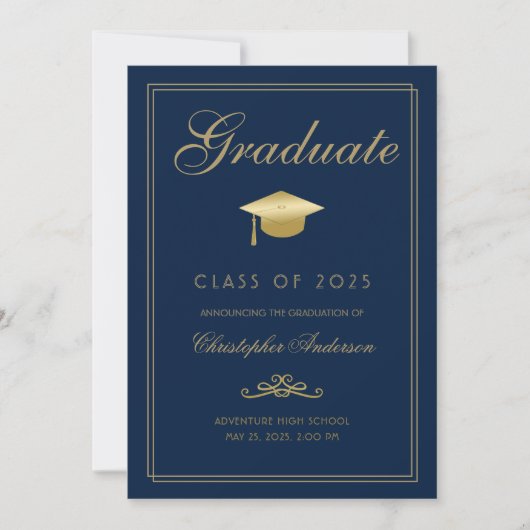 Faire-part Graduation Marine Bleu Or Formal Script Grad Casqu (Devant)